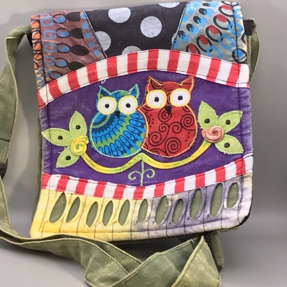 Rising‎ International Multicolored Patchwork Owl Crossbody Bag Purse Adj Strap